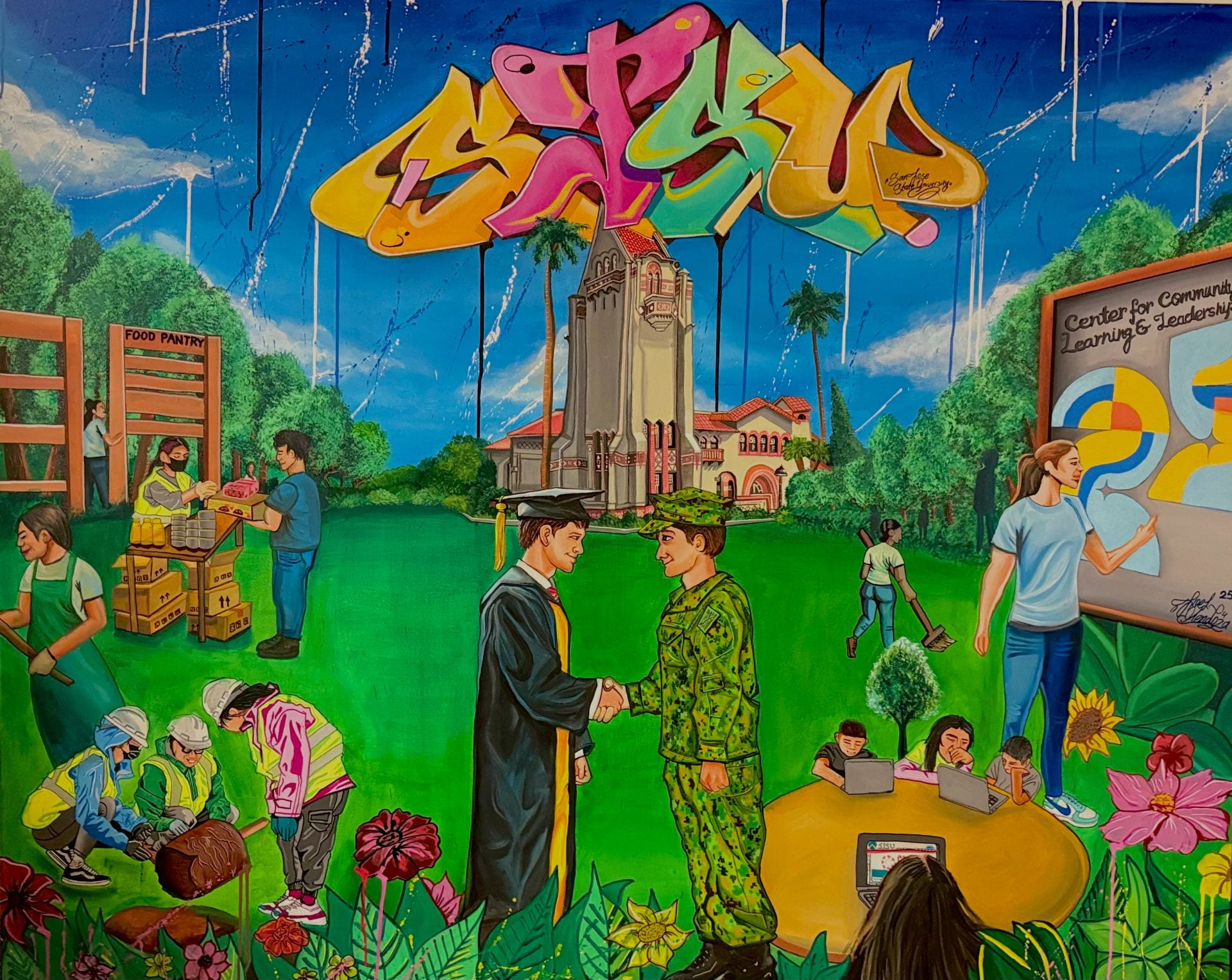 painting of two men shaking hands with vivid background that includes grafitti style lettering