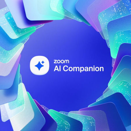 ZoomAI's logo with the text "Zoom AI Companion" and a swirl of cards surrounding to form a border. Everything is different shades of blue. 