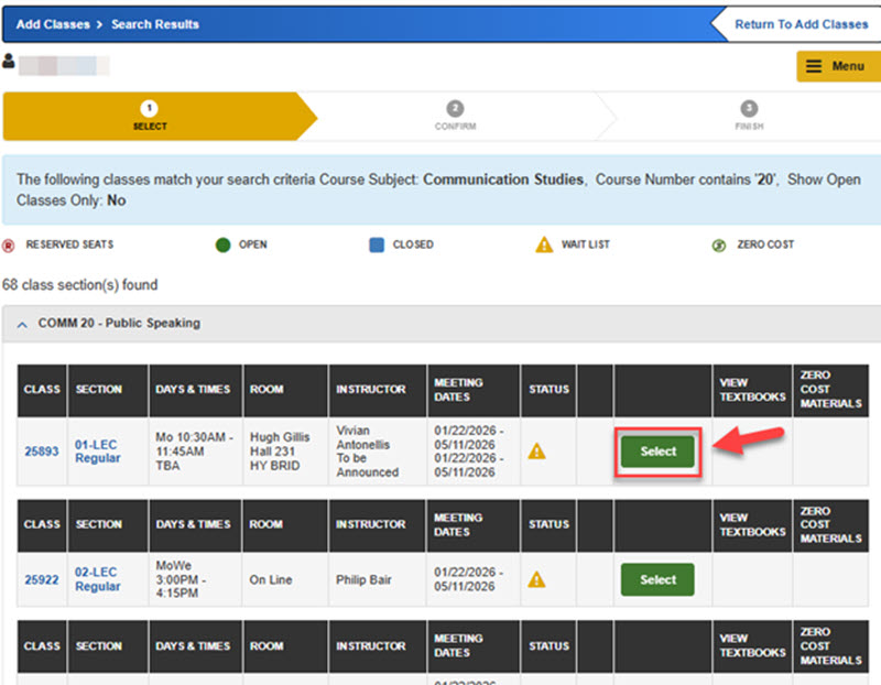 screenshot where to select class on MySJSU