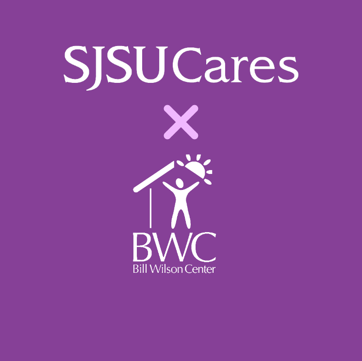 Visual with SJSU Cares logo on top, an "x" in the middle, and Bill Wilson Center logo on the bottom on a purple background.