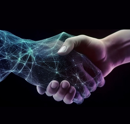 Image of two hands shaking. One of the hands is electronic/made by AI. 