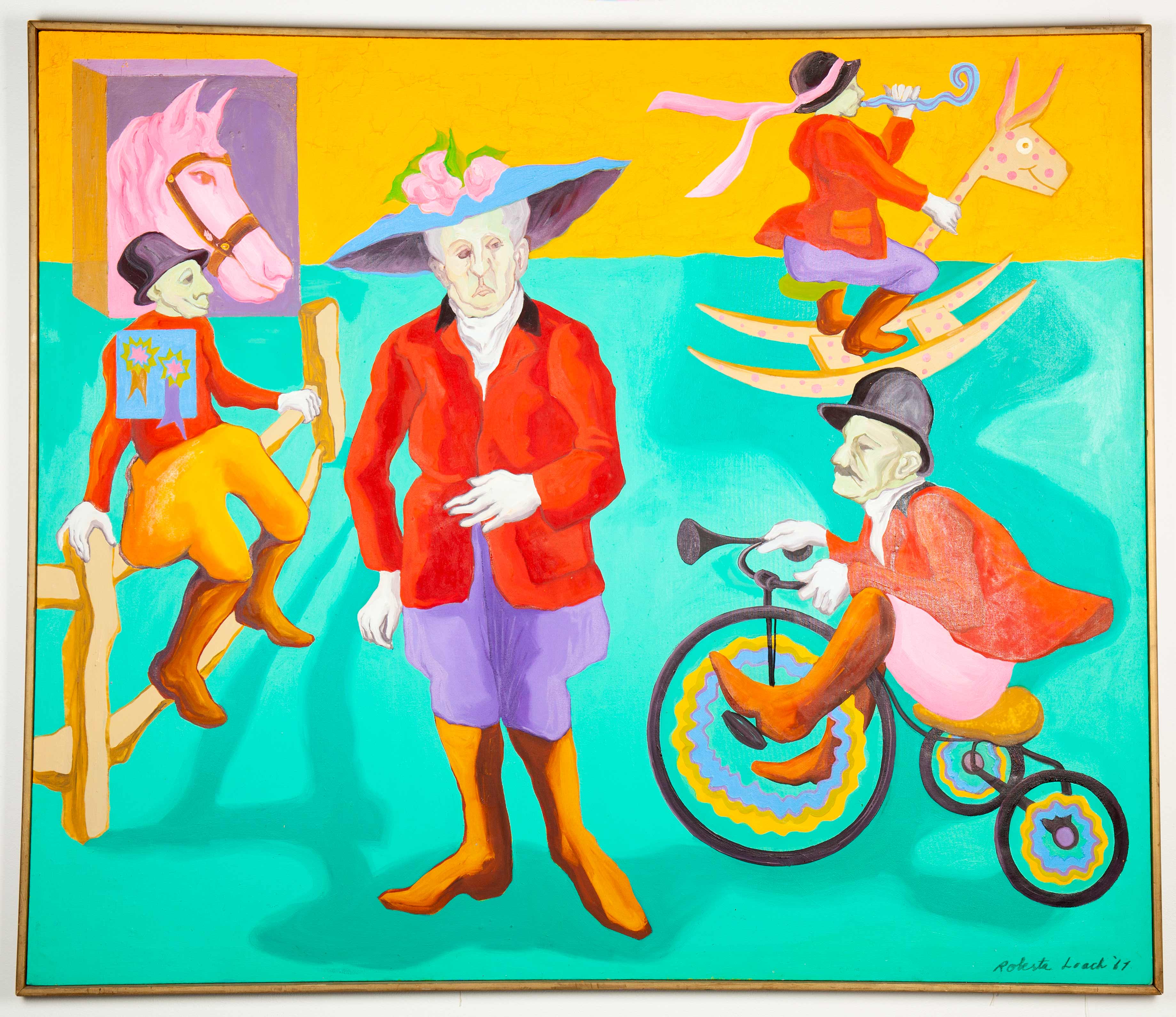 Roberta Loach, "Equestrian's Pride", 1967, oil on canvas Colorful painting of four figures and a block with a horse head